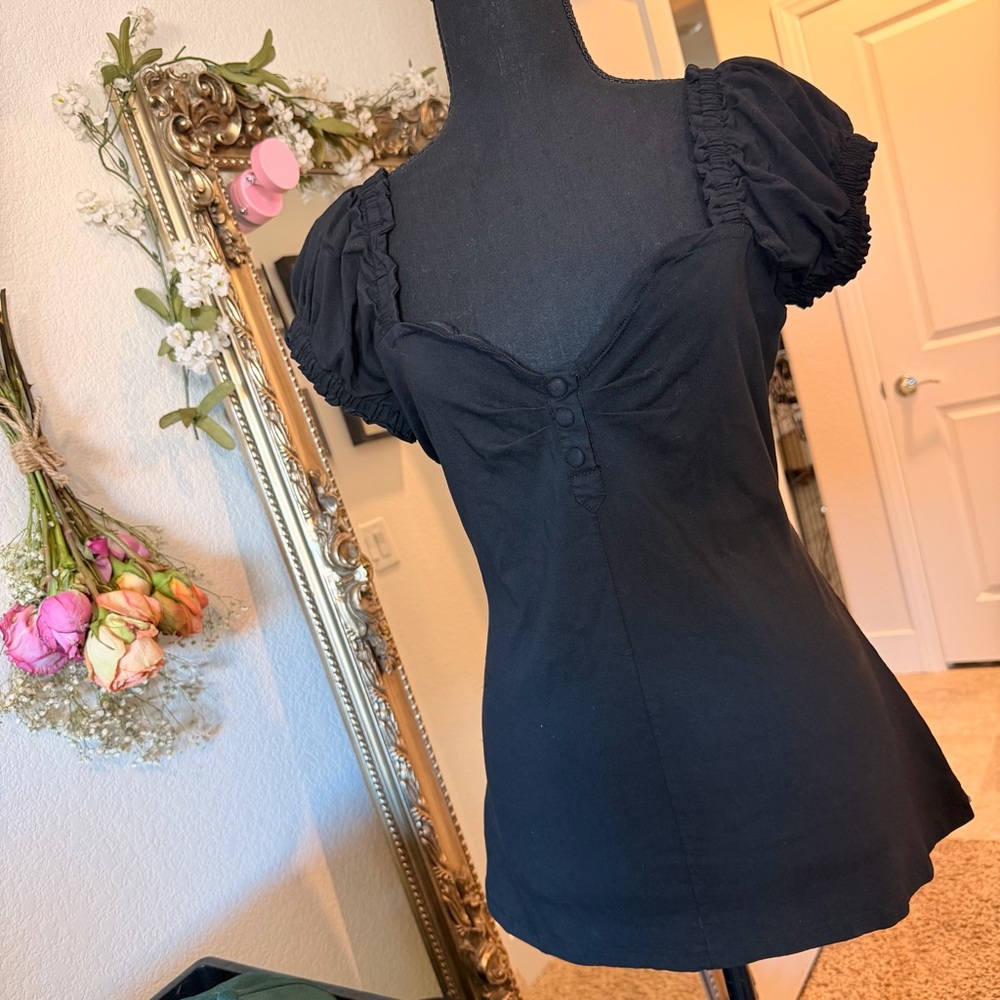 Unique Vintage Black Puff Sleeve Blouse